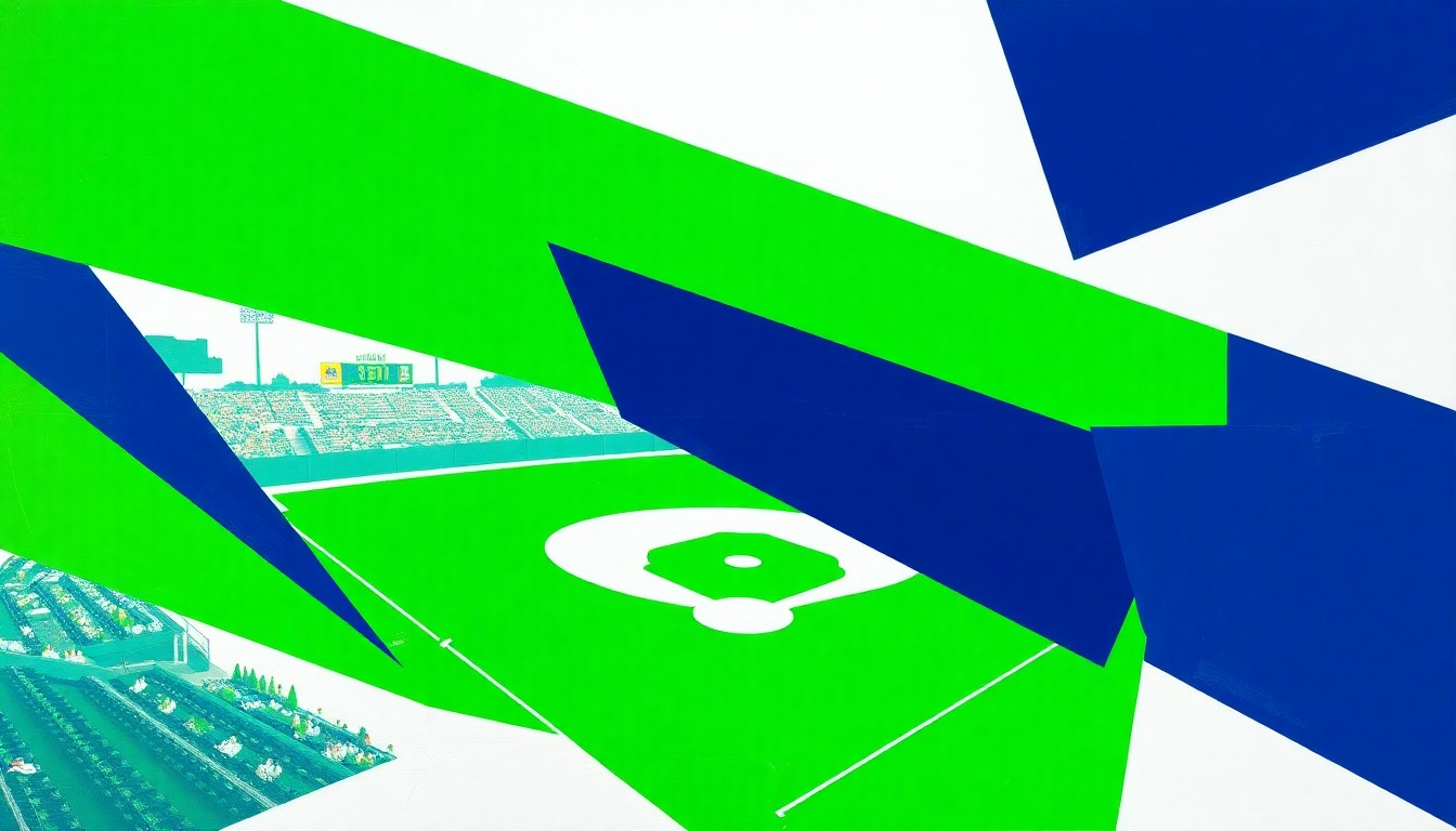A geometric, abstract painting featuring overlapping planes of green, blue, and white, conceptually representing the intensity and energy of a high school baseball game.