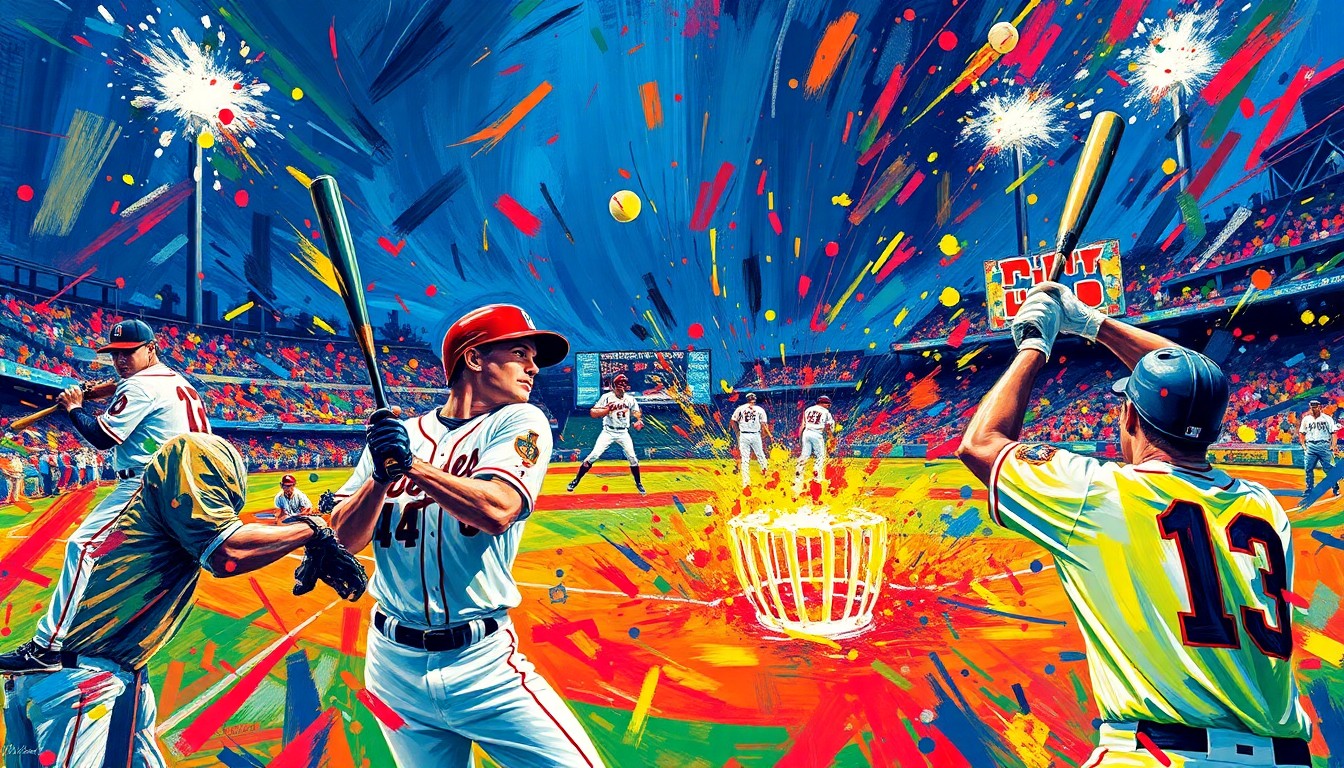 An abstract, energetic painting in neon colors depicting the frenetic action of a college baseball game, with players' forms blurred into dynamic brushstrokes.