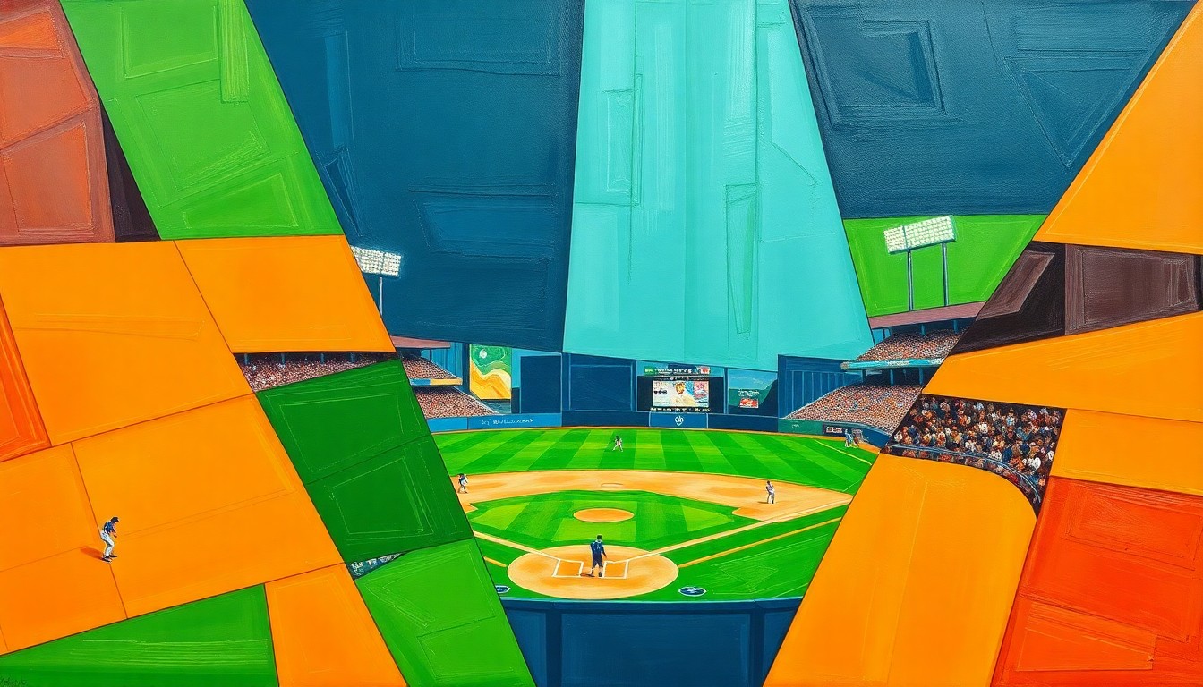 A cubist, geometric painting depicting a high school baseball game, with overlapping planes of bright green, navy blue, and orange representing the dynamic action on the field.
