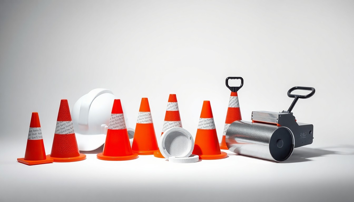 A minimalist, photorealistic studio still life featuring a collection of polished, geometric construction materials and tools, conceptually representing the city's infrastructure upgrades ahead of a major sporting event.