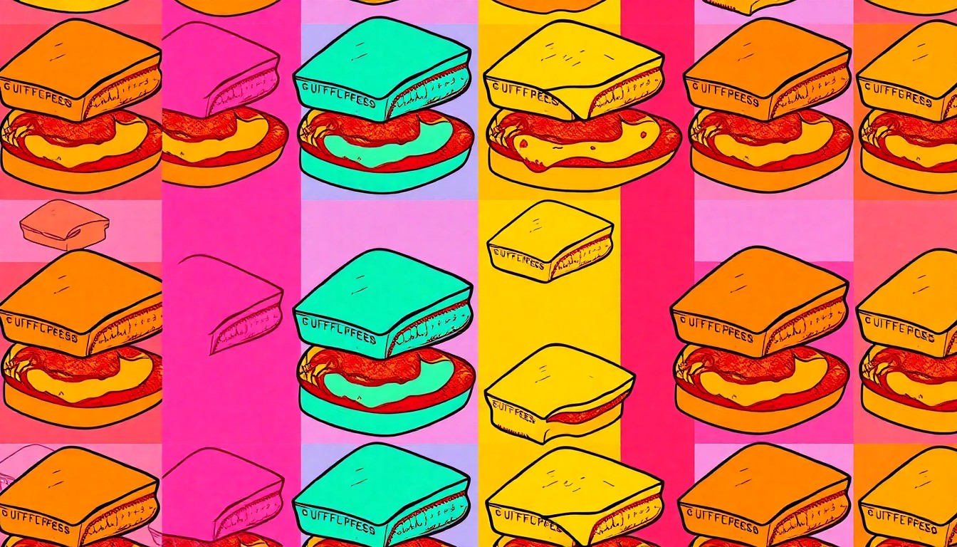 A brightly colored, high-contrast silkscreen print of a grilled cheese sandwich repeated in a tight grid pattern, utilizing flat, vibrant neon color palettes and heavy black photographic outlines to transform the everyday comfort food into modern pop art.