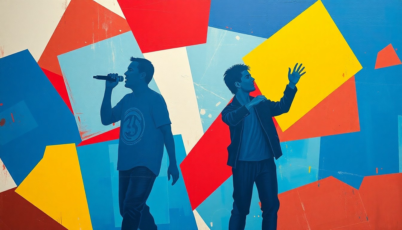 A dynamic, abstract painting featuring overlapping geometric shapes in shades of blue, red, and yellow, with the silhouettes of two figures, one holding a microphone and the other gesturing emphatically, conveying a sense of political energy and debate.