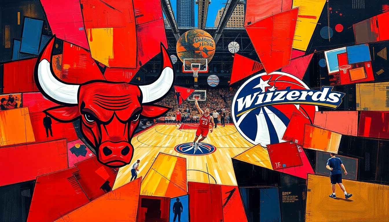 A fractured, cubist-style painting depicting the action and energy of a basketball game between the Chicago Bulls and Washington Wizards, with the players and court rendered in a geometric, abstract style using bold, clashing colors.