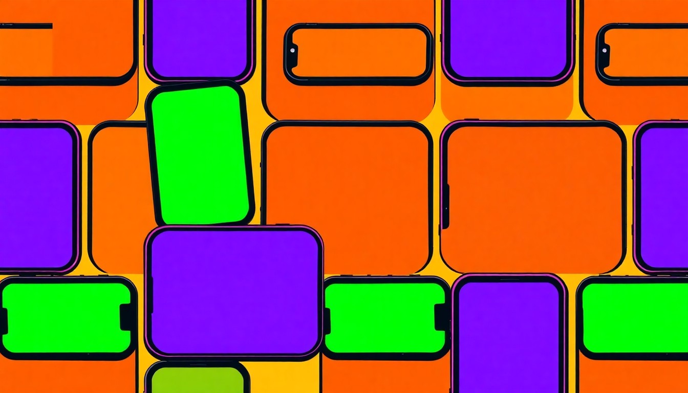 A highly stylized, abstract illustration of a smartphone icon repeated in a grid pattern, using bright neon colors and bold black outlines to create a modern pop art aesthetic, conceptually representing the mobile-friendly Front Porch Portal platform.