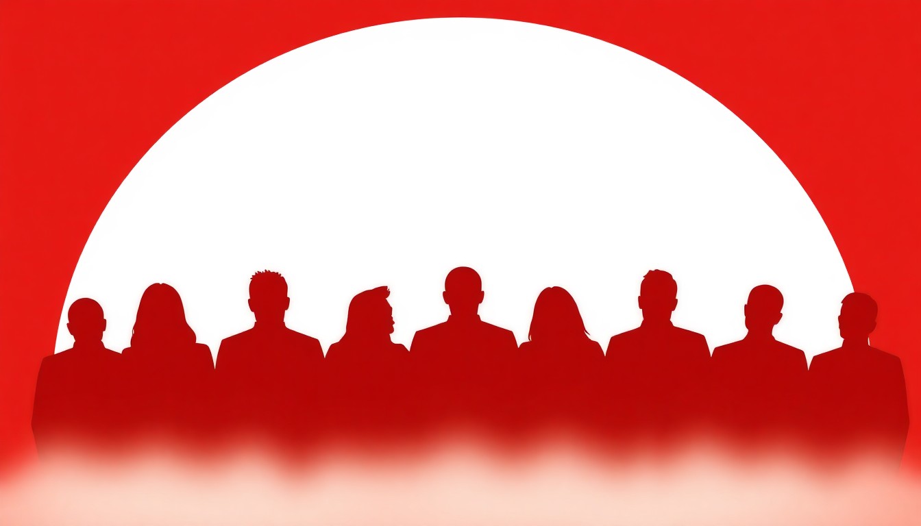 A minimalist, abstract illustration featuring bold, geometric black silhouettes of a choir of singers against a high-contrast red and white background, conceptually representing the community-driven musical traditions of the Rhinecliff Folk Choir.