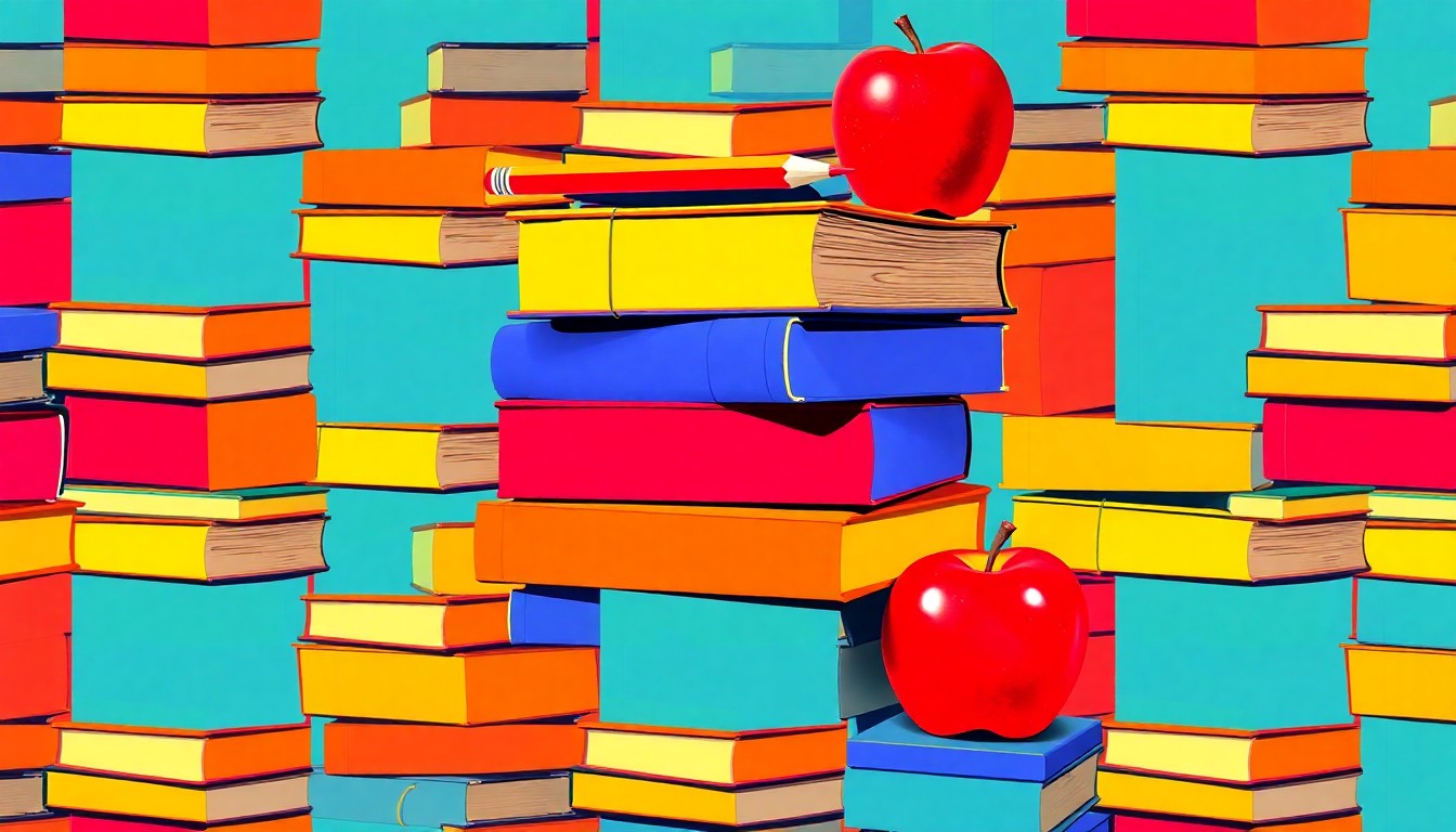 A vibrant, abstract silkscreen print featuring a repeating grid of school supplies like textbooks, pencils, and an apple, conceptually representing the challenges facing Anchorage's public education system.