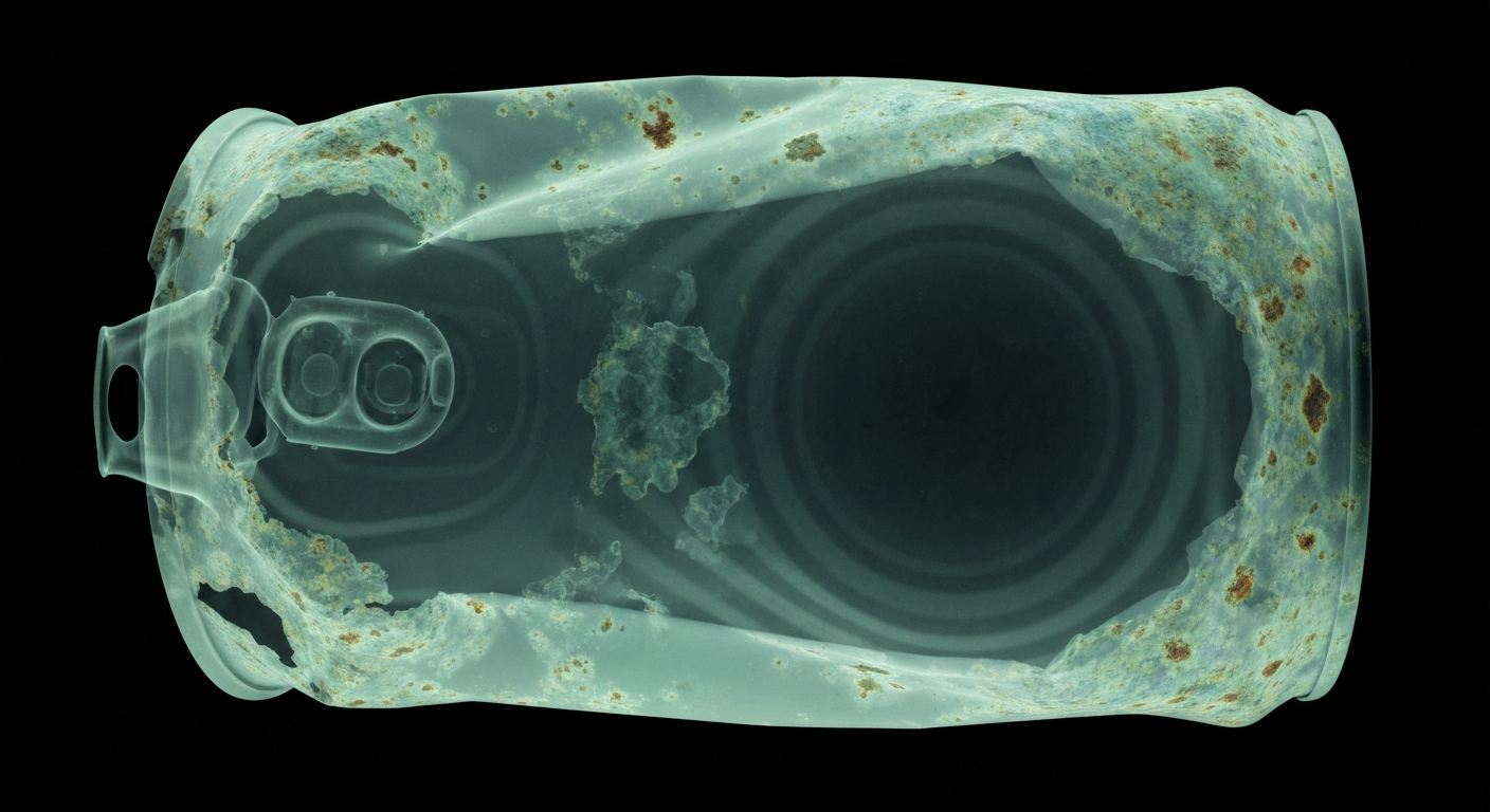 A ghostly, translucent X-ray image of a rusty metal can, revealing its internal structures in glowing lines against a dark background, conceptually illustrating the food safety issues found in recent restaurant inspections.