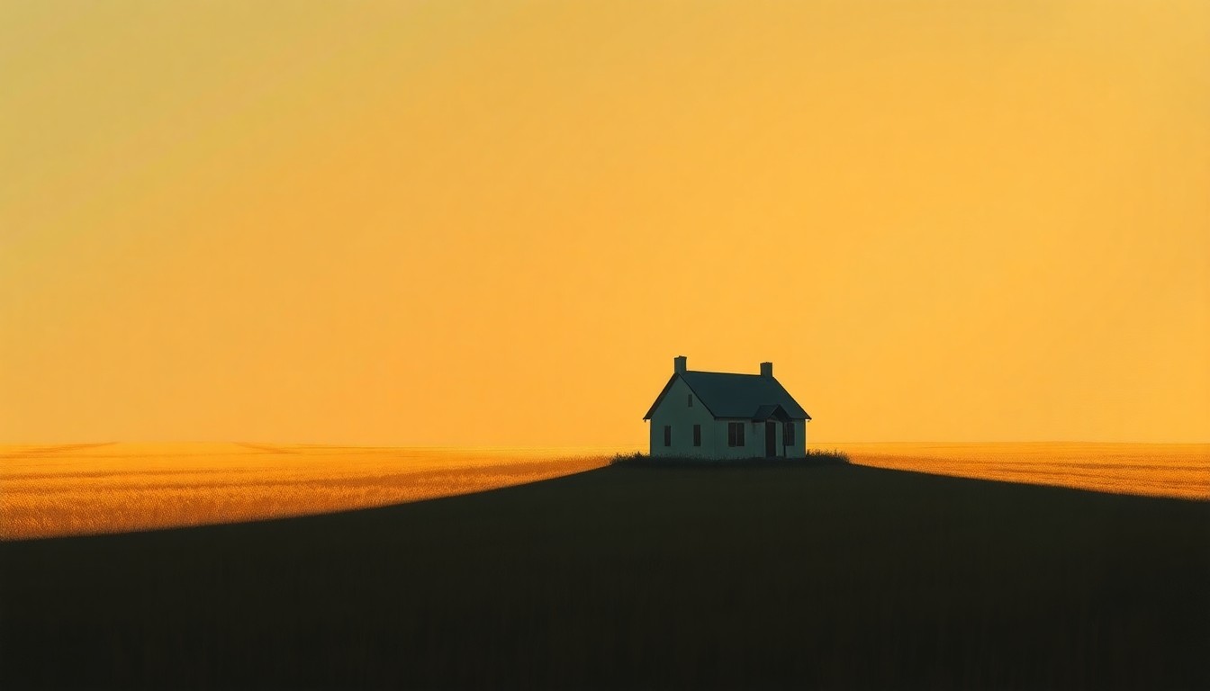 A serene, painterly landscape depicting a solitary house on the edge of an open field, with warm sunlight and deep shadows creating a contemplative, nostalgic mood.