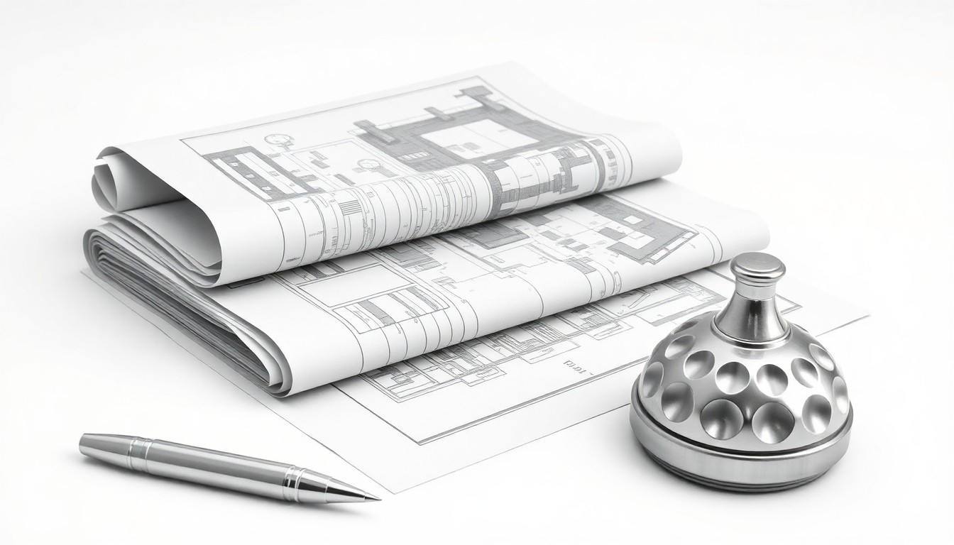 A minimalist studio still life photograph featuring architectural plans, a silver pen, and a metal paperweight in a monochromatic color palette, symbolizing the planning and investment behind Odd Fellows Home's senior living community expansion.