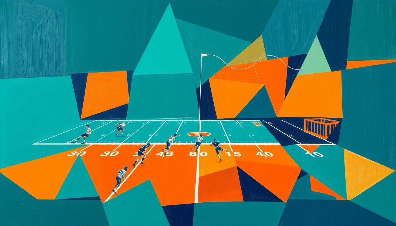 A cubist, geometric painting depicting a fragmented football scene, with sharp, overlapping planes of teal, orange, and navy blue representing the dynamic energy and shifting perspectives of the team's offseason preparations.