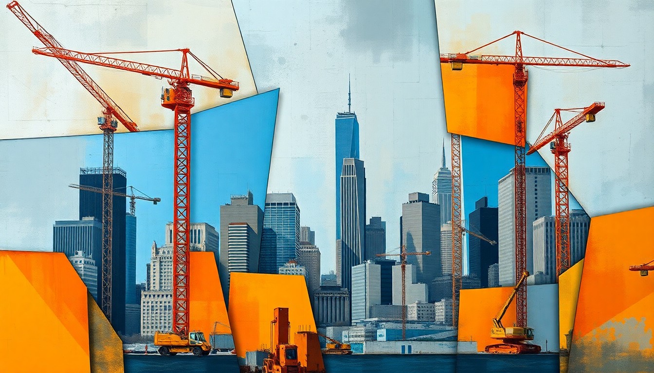 A dynamic, fragmented painting of a city skyline with cranes and construction equipment, conveying the complex tensions between community interests and development priorities.