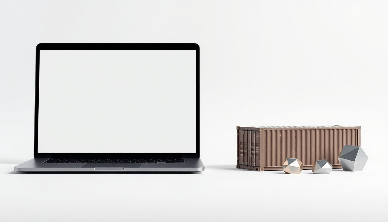A high-end, photorealistic studio still-life photograph featuring a sleek laptop computer, a stylized 3D-printed shipping container model, and geometric metal shapes, conceptually representing the abstract ideas of e-commerce infrastructure, global logistics, and AI-powered automation.