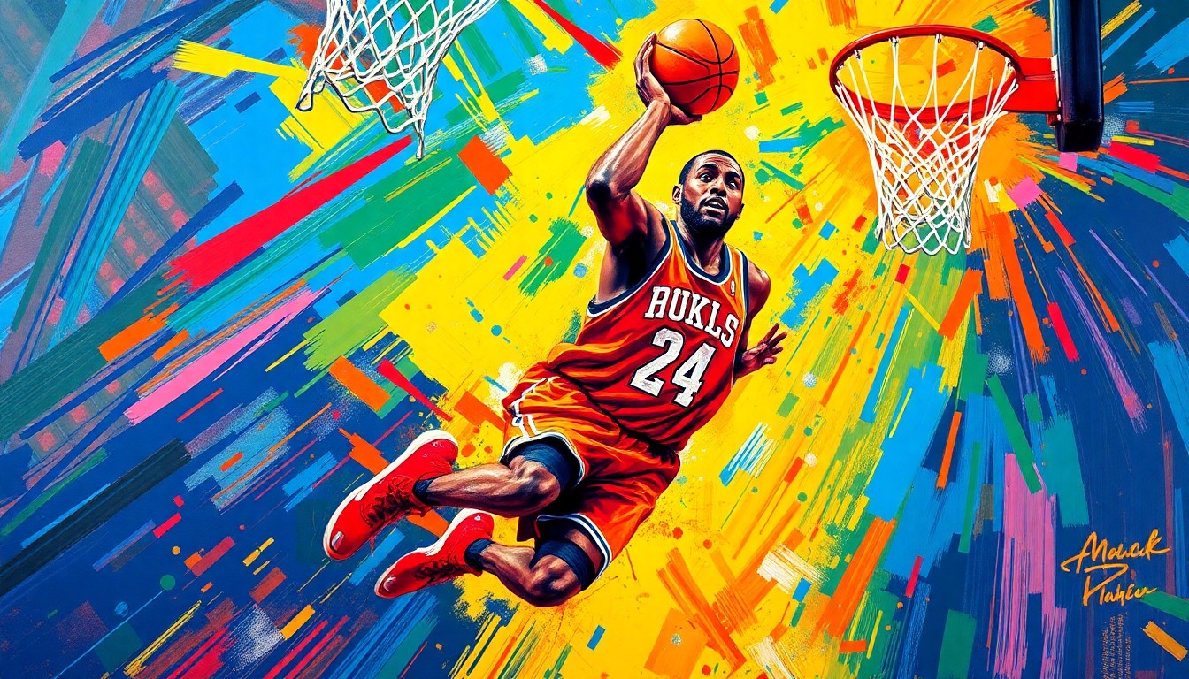 An abstract, energetic painting using bold, neon-like brushstrokes to depict the dynamic movement and athleticism of a basketball player in action.