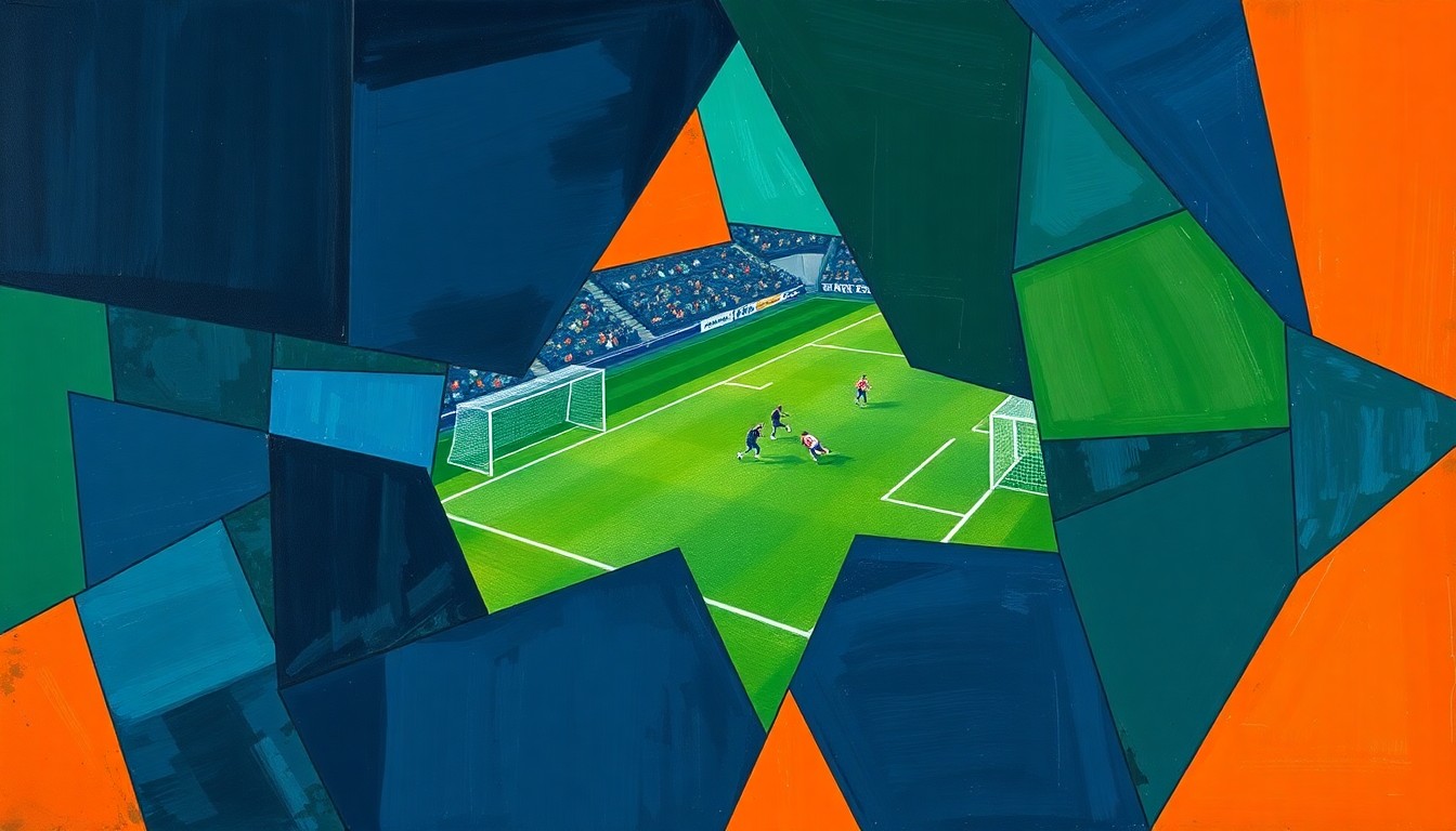 A cubist, geometric painting depicting a fragmented football field with overlapping planes of navy, green, and orange, conveying the complex challenges facing the Colorado Buffaloes program.