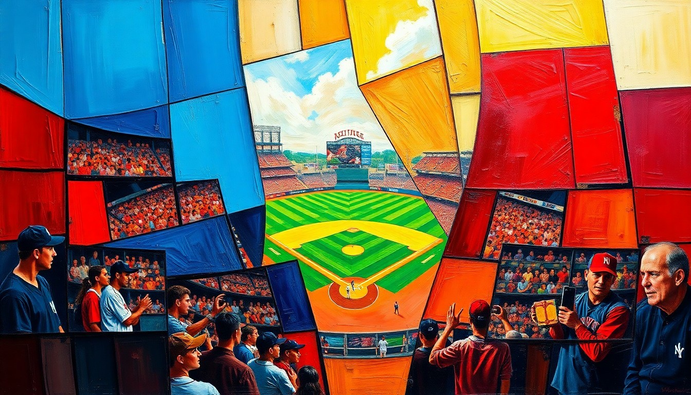 A cubist, geometric painting depicting a fragmented baseball game, with sharp planes of color and overlapping perspectives conveying the complexity and excitement of the sport.