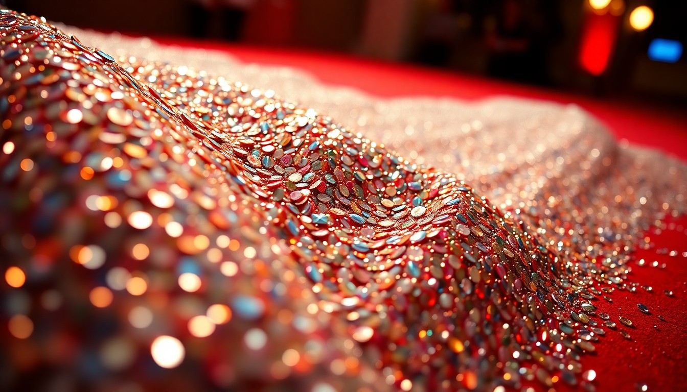 An abstract close-up photograph of shimmering, high-contrast sequins and gemstones, capturing the glamour and energy of a red carpet event.
