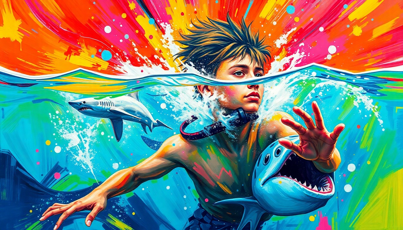 A dynamic, colorful expressionist painting capturing the excitement and energy of a young person experiencing the thrill of their wish being granted, with splashes of neon colors and rapid brushstrokes representing activities like scuba diving and swimming with sharks.