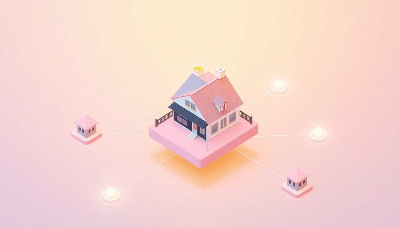 A minimalist, isometric 3D illustration showing a stylized vacation rental property floating on a pastel background, connected to other similar properties via glowing lines, representing the ASTRO network of verified owners and properties.