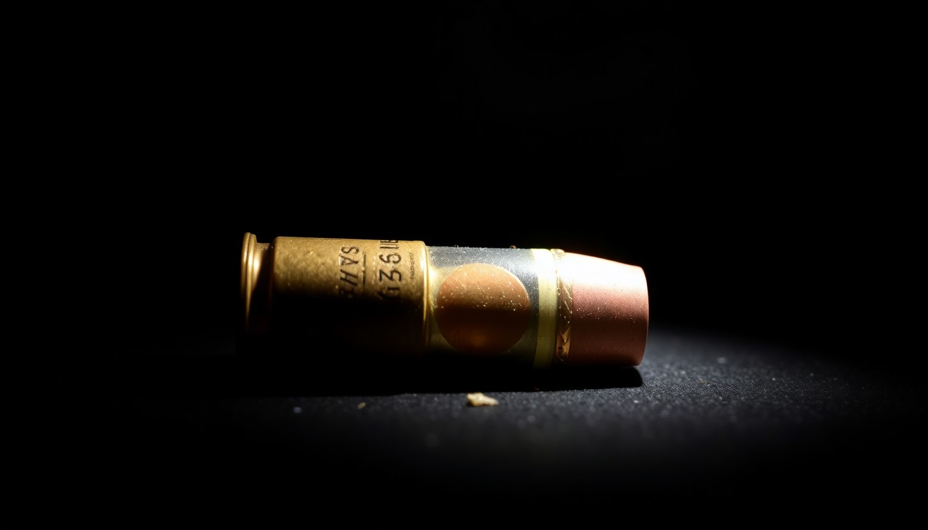 An extreme close-up photograph of a spent shell casing or other small piece of physical evidence from a crime scene, lit by a harsh, direct camera flash against a pitch-black background, conveying the stark, gritty, investigative nature of the community's public safety concerns.
