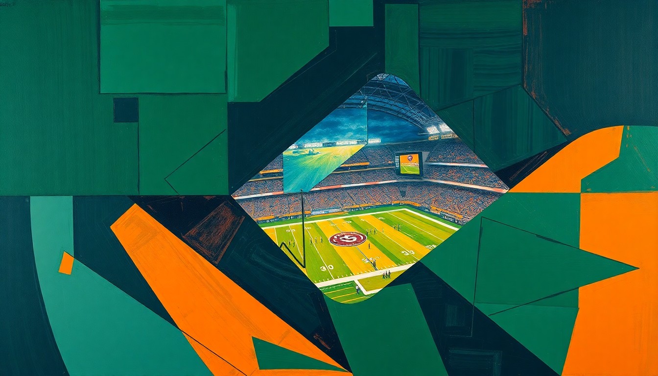 A fractured, cubist-style painting depicting a sports event or game broken down into sharp, overlapping geometric shapes in navy, green, and orange, conveying the complexity and ambiguity of the relationship between a coach and a reporter.