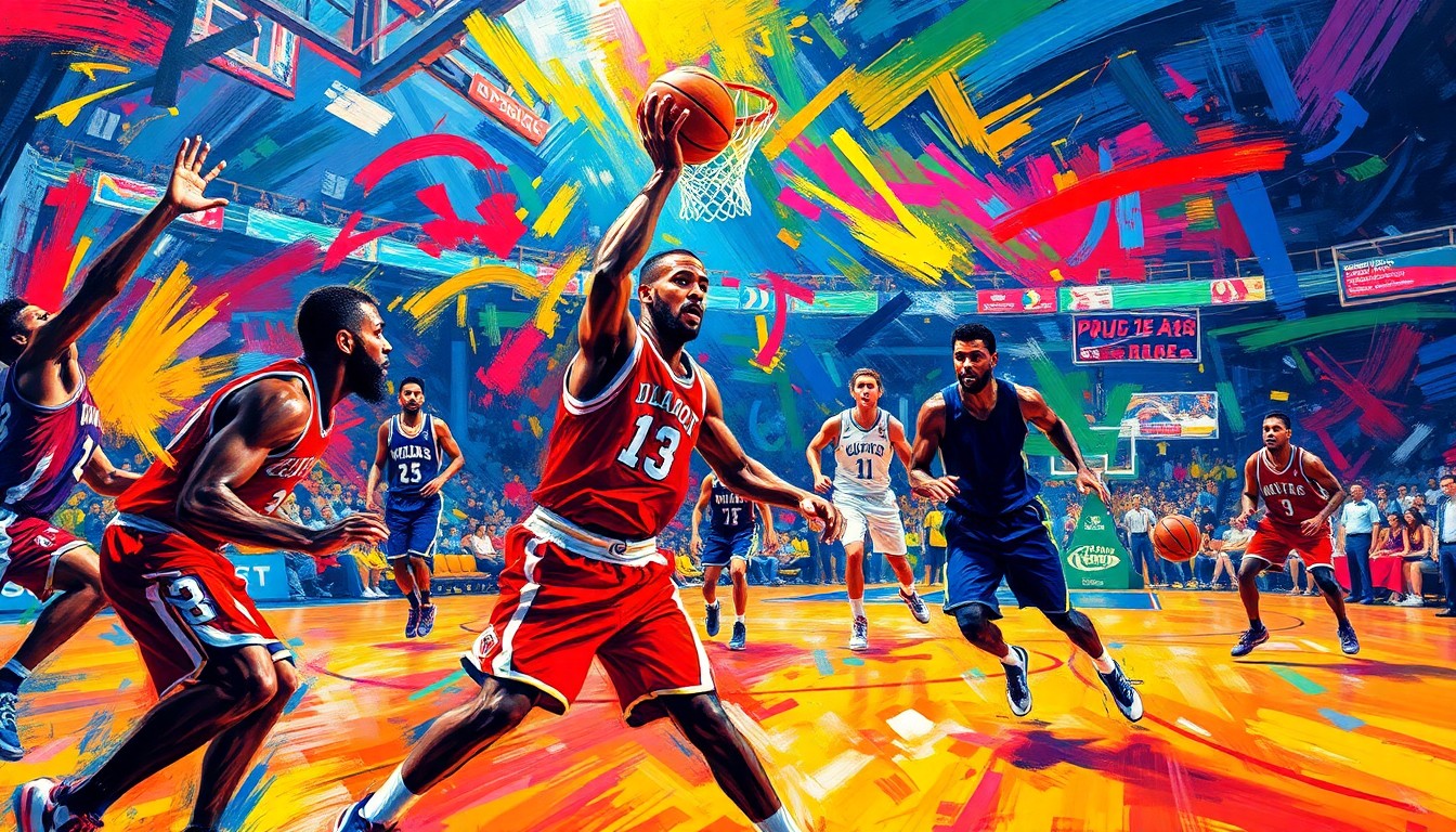 An abstract, expressionist painting in vibrant neon colors, depicting the frenetic energy and movement of a basketball game, with players' forms dissolving into energetic brushstrokes.