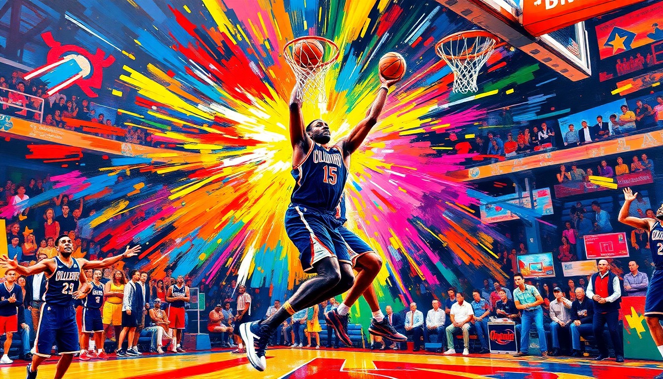 A dynamic, neon-colored painting depicting the intense action and scoring movements of an NBA basketball game, with players' forms dissolving into abstract brushstrokes that convey the excitement and tension of the moment.