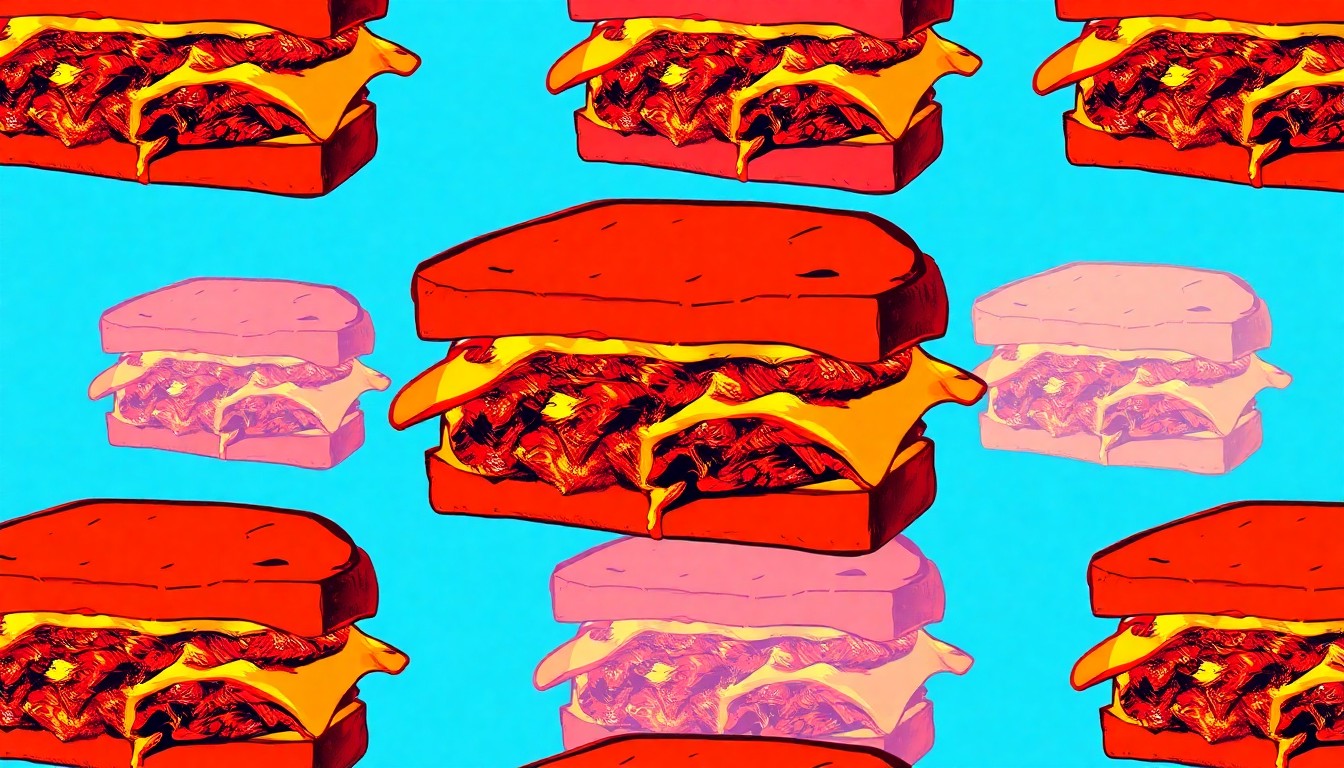 A brightly colored, high-contrast silkscreen print of a single, iconic pulled pork grilled cheese sandwich repeated in a tight grid pattern, capturing the vibrant and playful essence of this beloved menu item.