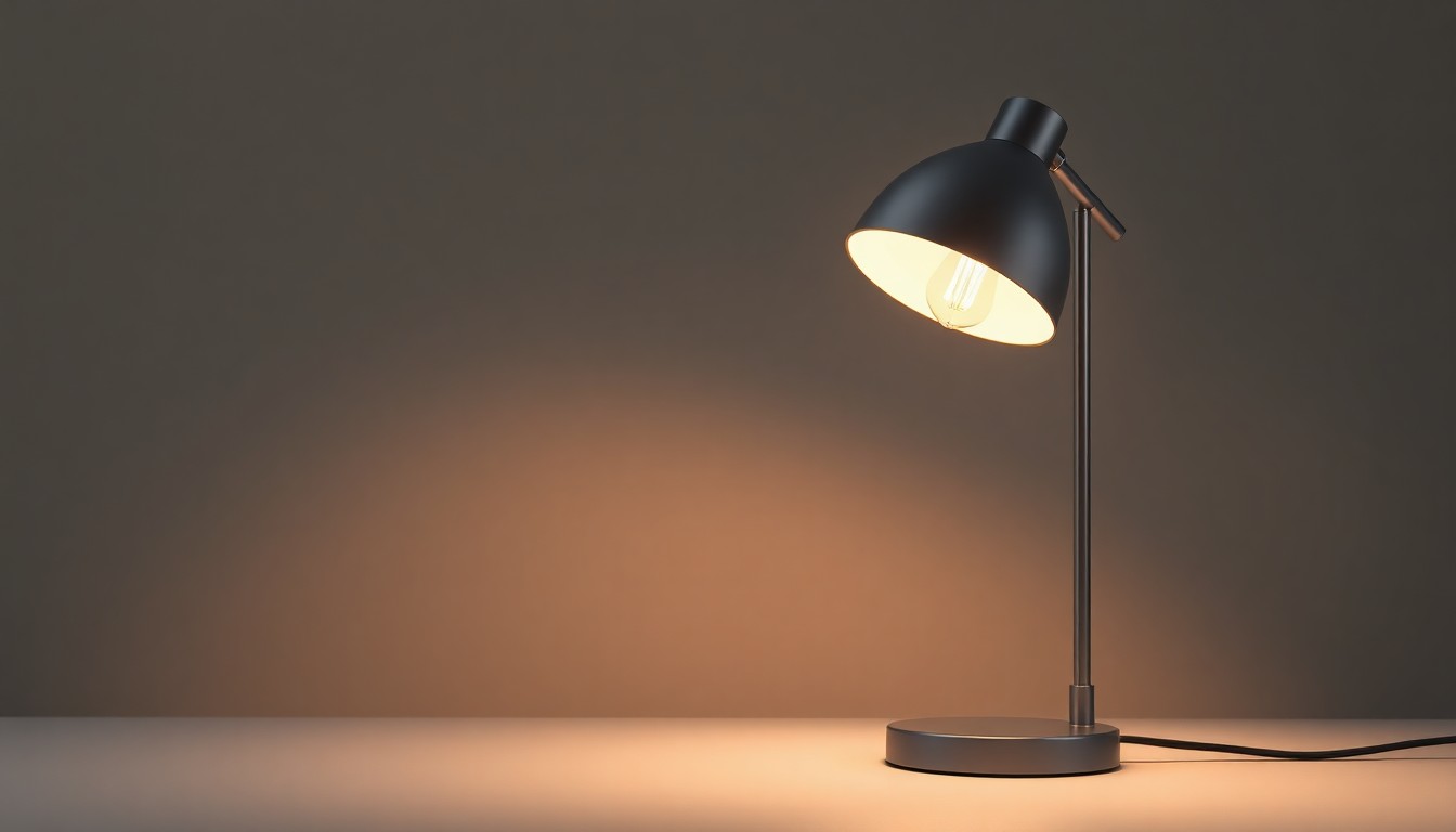 A minimalist, high-end studio photograph of a modern desk lamp with a warm, amber-toned light bulb casting soft shadows on a clean, monochromatic grey background, symbolizing the leadership and illumination provided by a news director now absent from the KIRO newsroom.