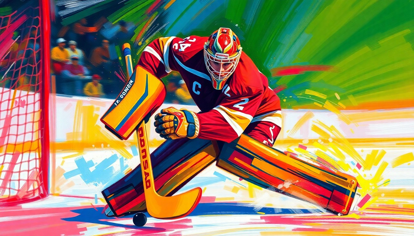 An abstract, expressionist painting featuring vibrant neon colors and rapid brushstrokes to capture the intensity of a hockey goaltender making a game-saving stop, with only the puck and net remaining in focus.