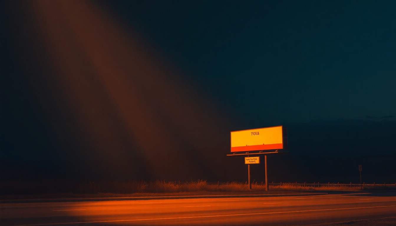 A serene, cinematic painting depicting a lone campaign sign or billboard in a dimly lit urban setting, with warm sunlight casting dramatic shadows across the scene, conveying a sense of political uncertainty and transition.
