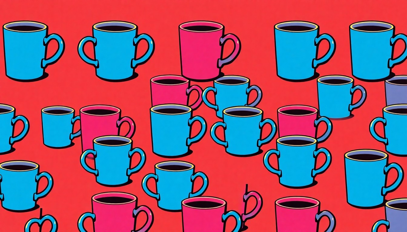 A vibrant, high-contrast silkscreen print featuring a repeated image of a classic diner coffee mug in a grid pattern, rendered in a bold, neon color palette that transforms the everyday object into a modern pop art piece.