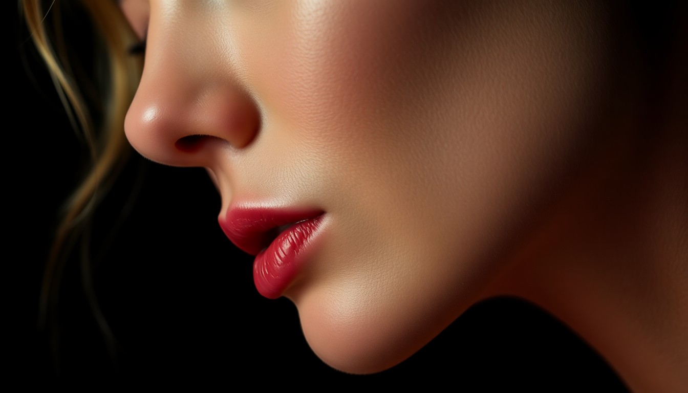 An extreme close-up photograph of a sculpted, angular cheekbone and jawline, captured in dramatic high-contrast studio lighting to create a high-fashion, glamorous aesthetic.