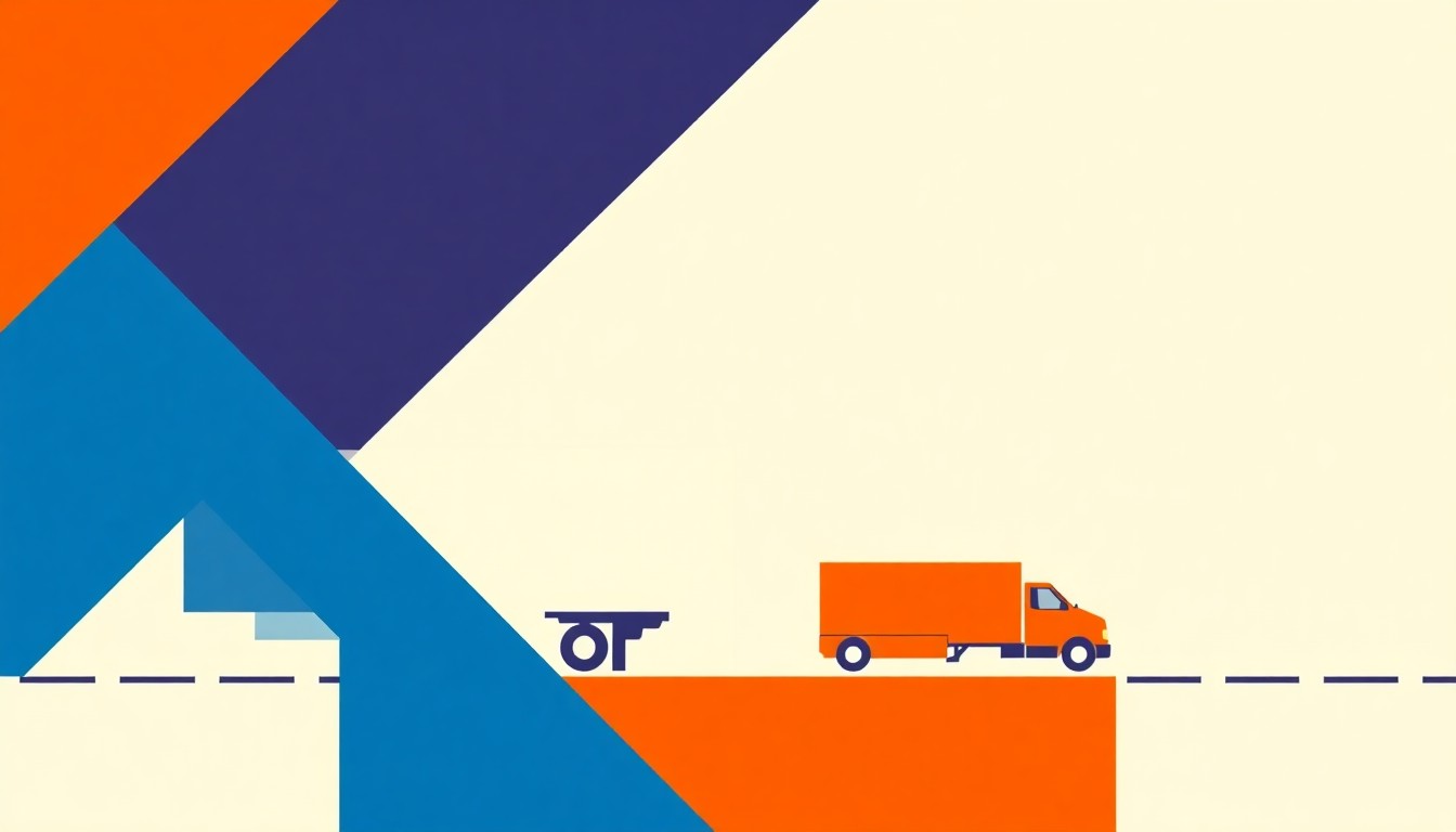 A vibrant abstract illustration composed of overlapping triangles and rectangles in shades of red, blue, and yellow, conceptually representing the rising costs of transportation and its impact on inflation.