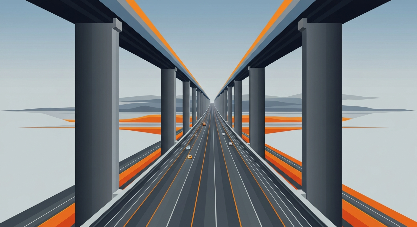 A bold, geometric illustration in shades of gray, blue, and orange, depicting the sweeping scale and forced perspective of a major highway reconstruction project, capturing the grand vision for improved traffic flow and infrastructure in the region.