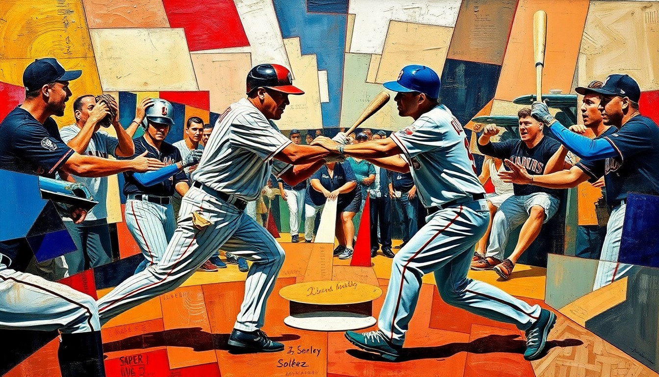 A cubist, geometric painting depicting a chaotic baseball brawl, with overlapping planes of players in motion, bats, and the field breaking down the scene into an abstract, fragmented composition.