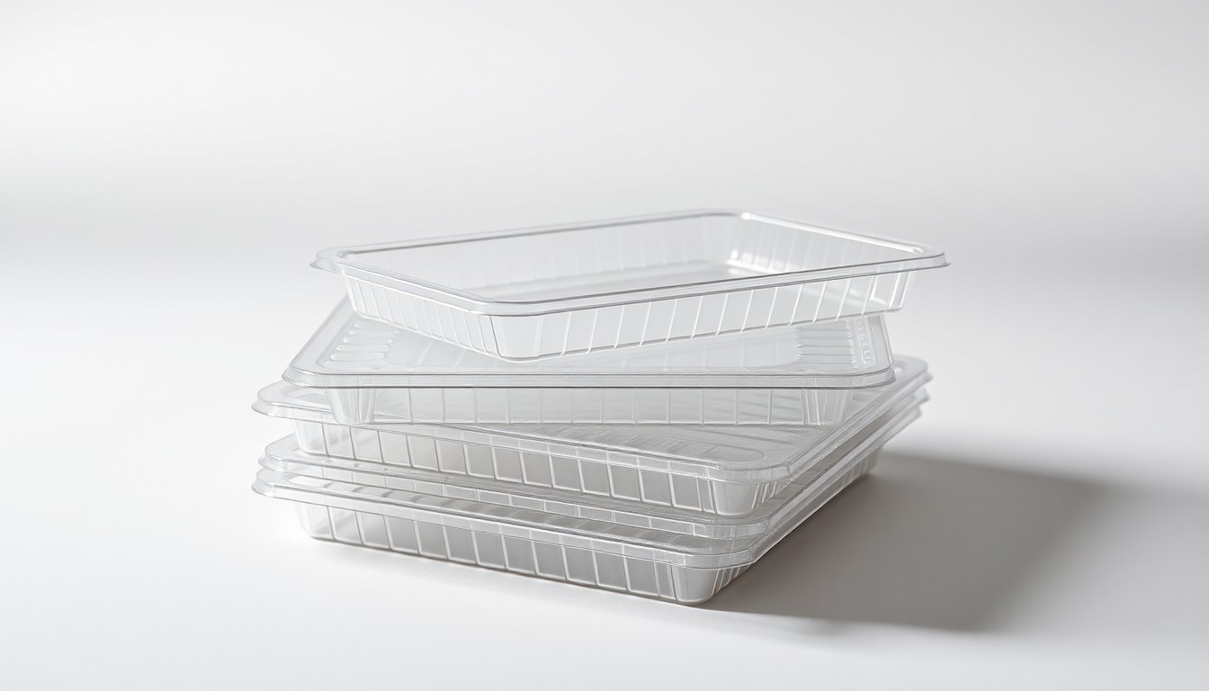 A high-end, photorealistic studio still-life photograph featuring a stack of clear plastic thermoform trays made from recycled PET material, arranged elegantly on a clean, monochromatic seamless background to represent the abstract concept of circular packaging and supply chain transformation.