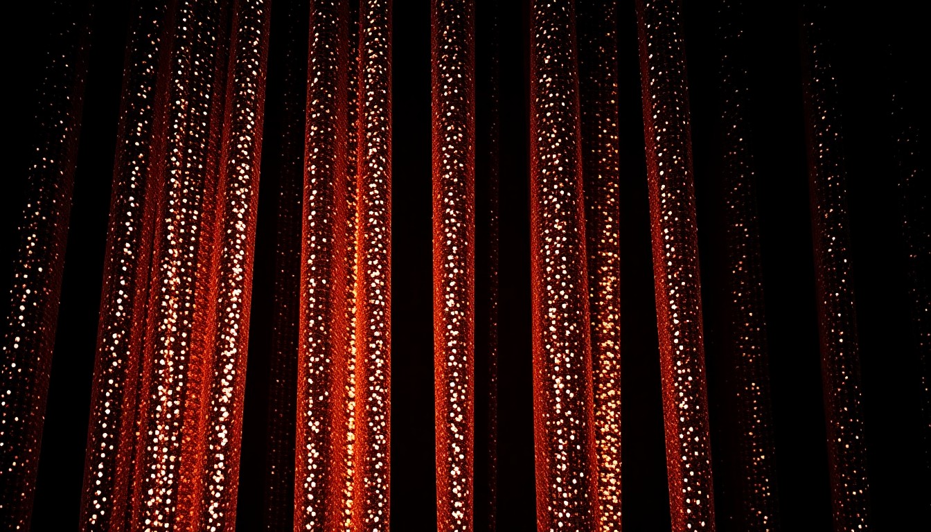 An abstract close-up photograph of shimmering, high-contrast theater curtain textures, conveying the glamour and energy of the performing arts world.