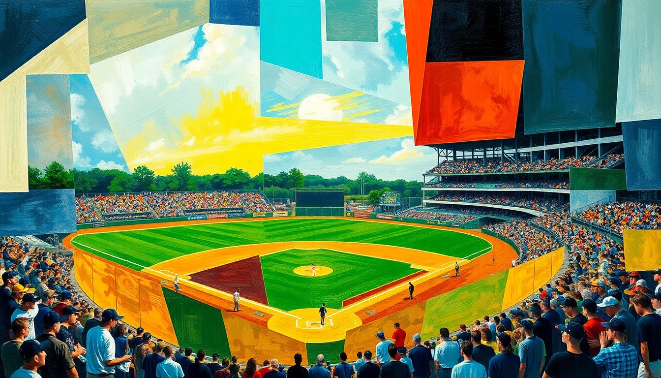 A fragmented, geometric painting depicting a high school baseball game, with the players, field, and crowd reduced to abstract shapes and planes of color in the style of Pablo Picasso.