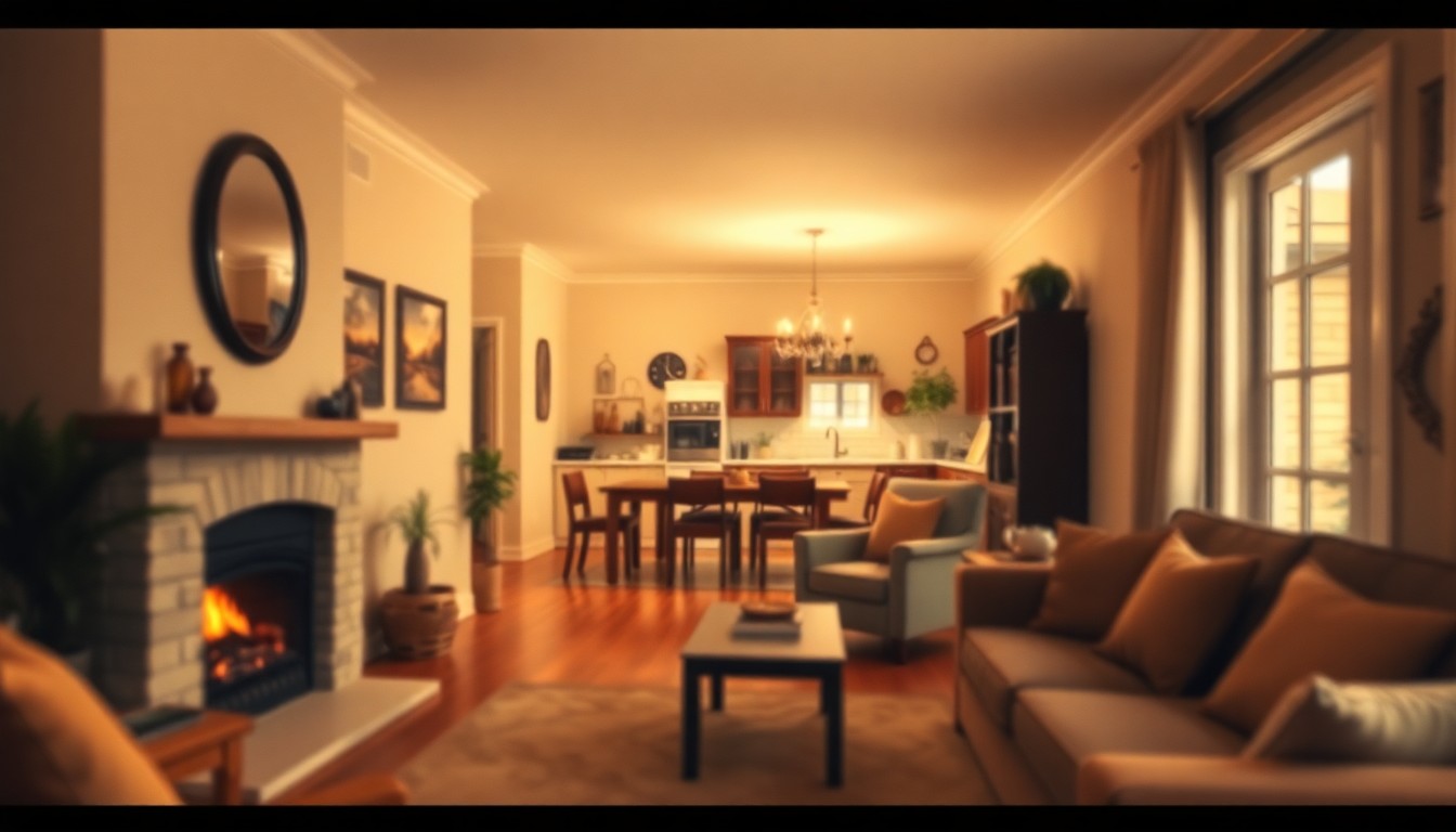 An extremely abstracted, out-of-focus photograph in soft pools of warm color and light, depicting an inviting interior scene of a cozy living room with a fireplace, hardwood floors, and a glimpse of a dining room and kitchen beyond.