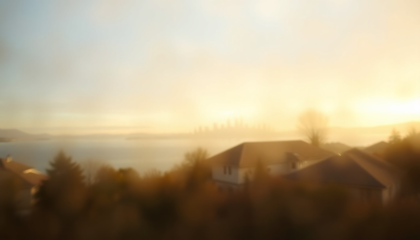 An impressionistic, out-of-focus photograph depicting the hazy silhouette of a lakefront home against a backdrop of the Seattle skyline, all rendered in soft, warm tones and a dreamlike, nostalgic atmosphere.