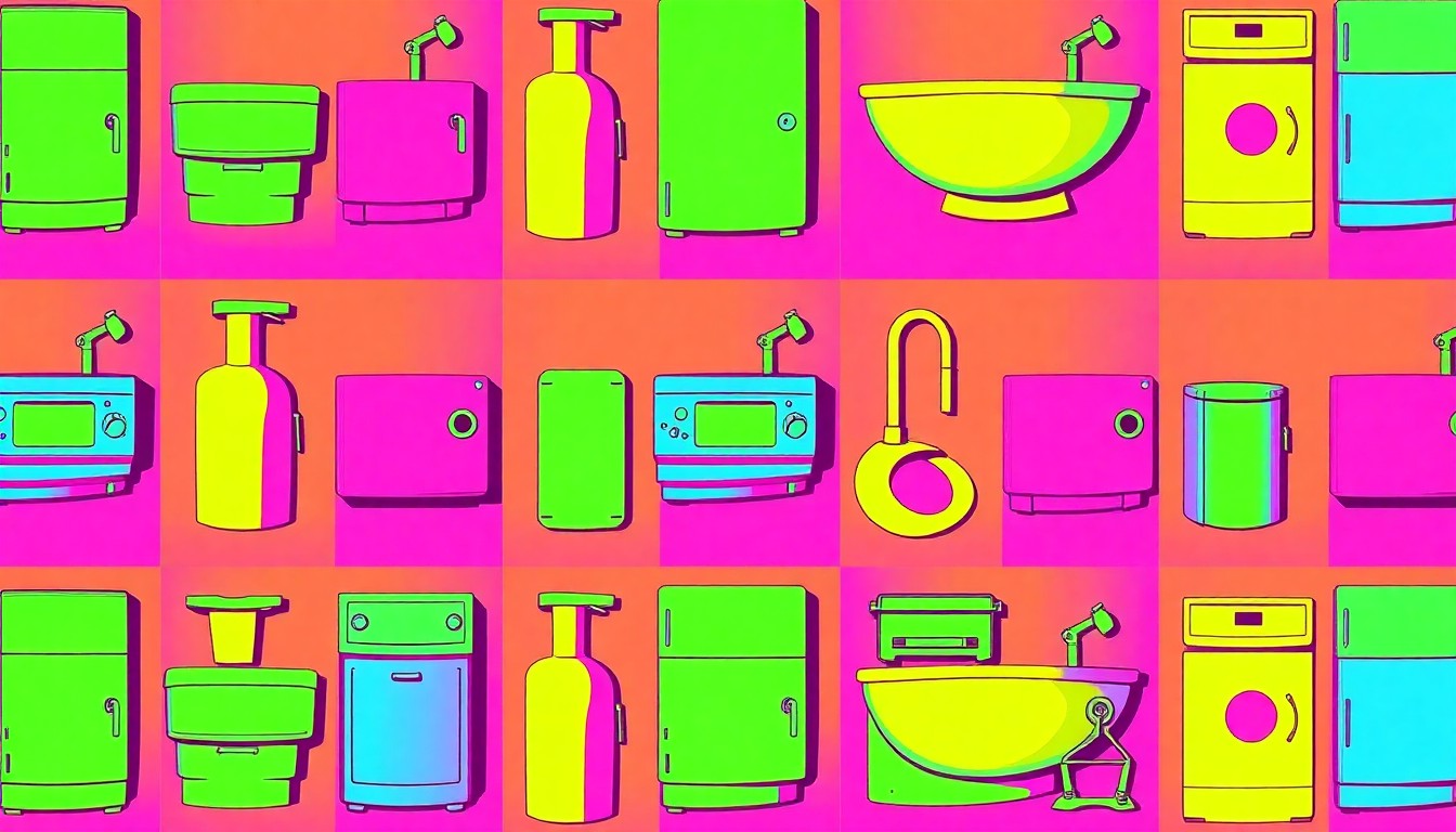 A brightly colored, high-contrast silkscreen print of a luxury kitchen appliance or fixture, repeated in a tight grid pattern with overlapping neon colors and heavy black outlines, capturing the modern, stylish aesthetic of this Snohomish home.