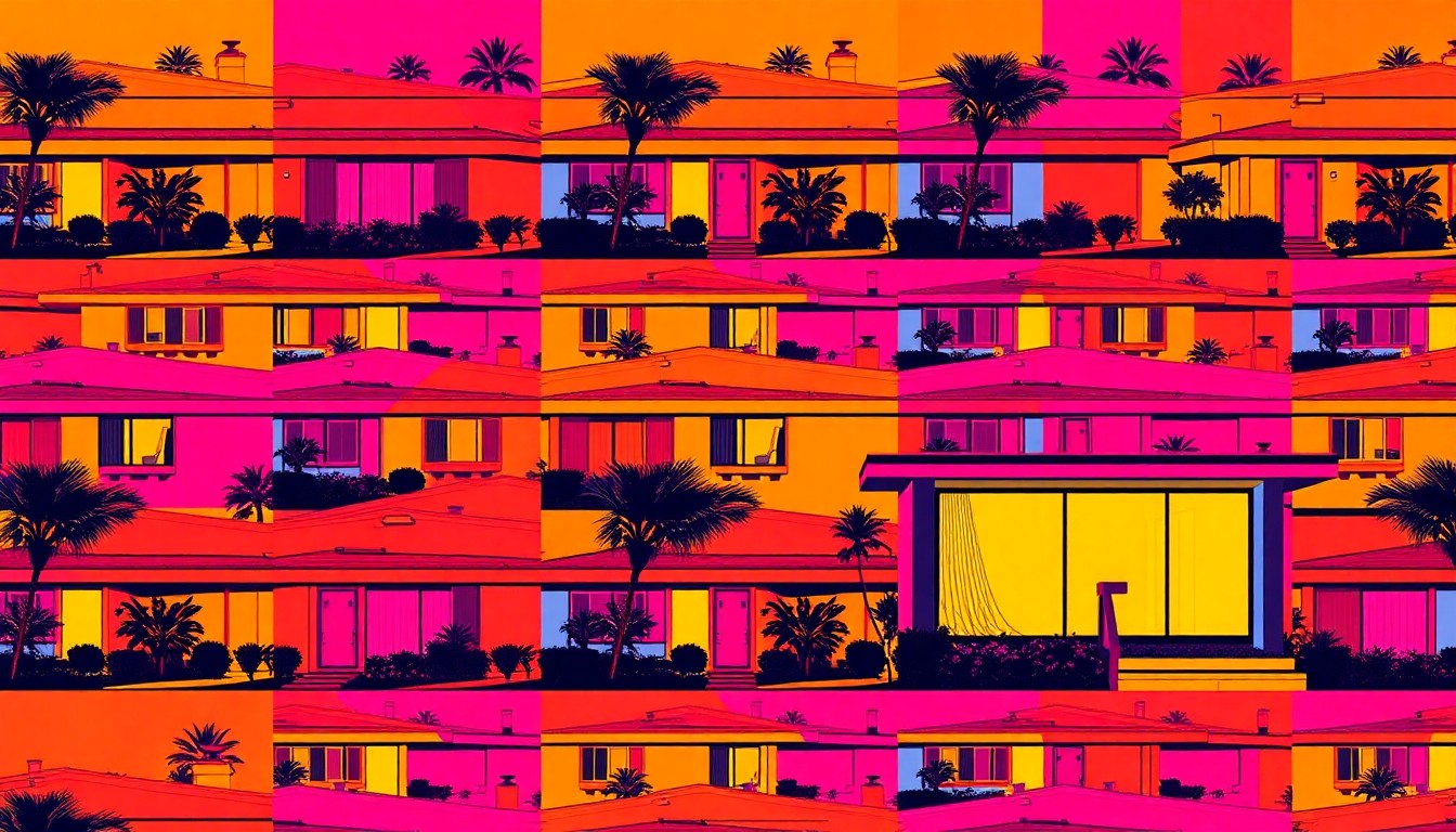 A brightly colored, high-contrast silkscreen print of a single, iconic Mid-Century Modern home exterior, repeated in a tight grid pattern in the style of Andy Warhol, capturing the architectural details and unique character of the property.