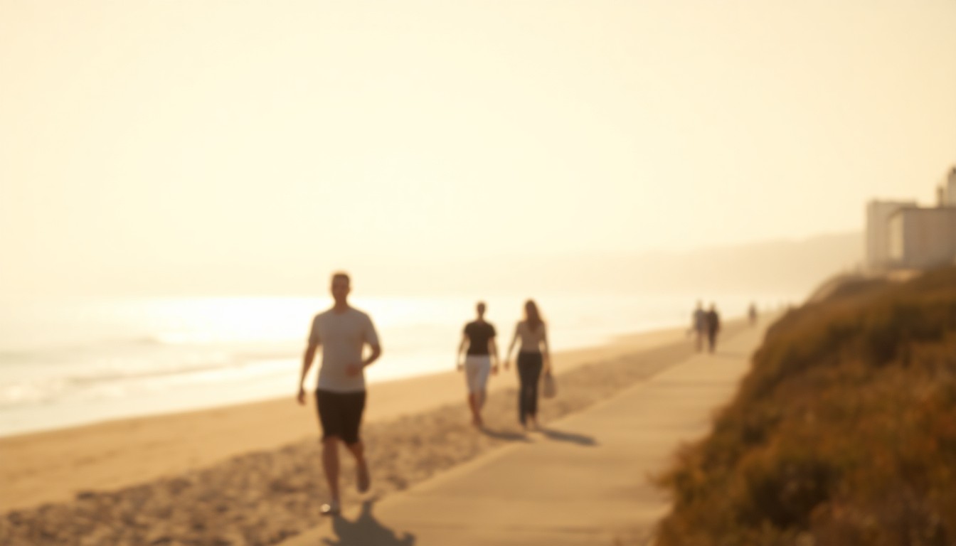 A soft, impressionistic photograph in warm, hazy tones depicting a sun-drenched coastal scene with blurred figures walking along a beach path, evoking the peaceful, relaxed atmosphere of Alki Beach.