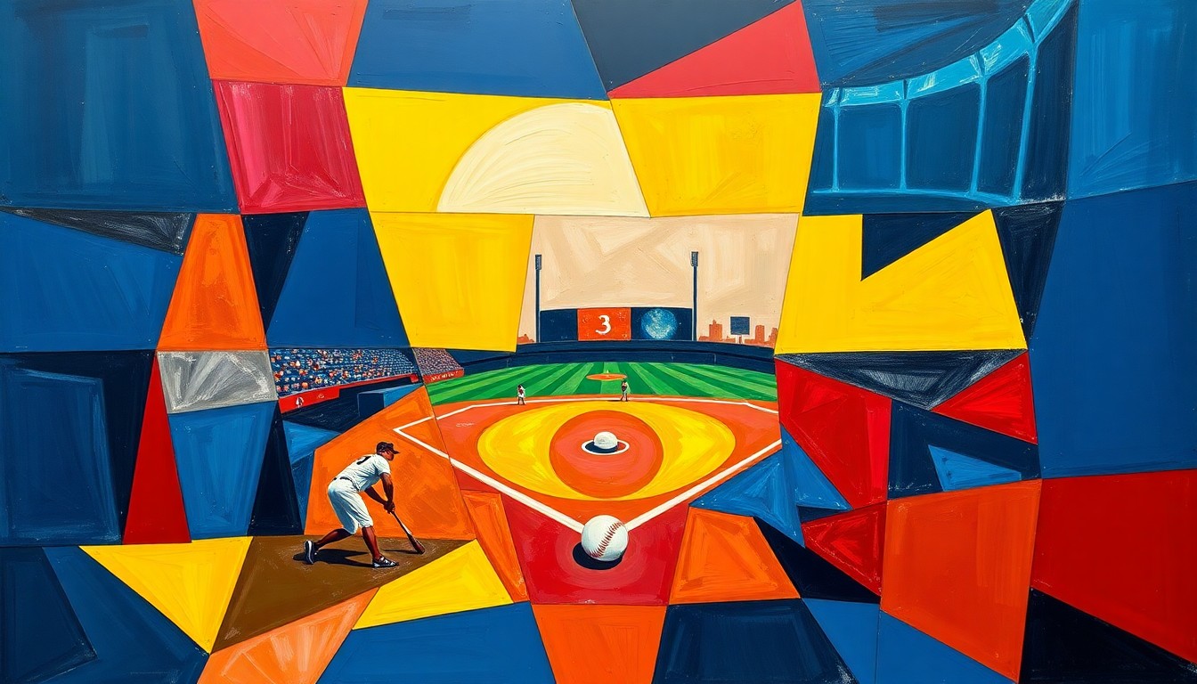 A fractured, cubist-style painting depicting the dynamic action of a softball game, with overlapping geometric shapes and planes in a bold color palette representing the Tigers' powerful offensive performance.