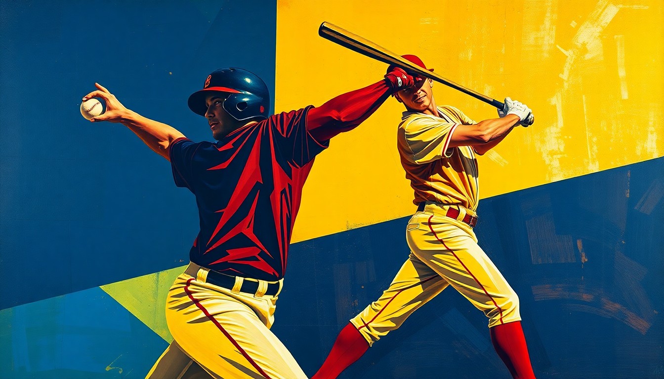 A fractured, geometric painting depicting the motion of a baseball pitcher and the swing of a batter, with sharp planes of navy, crimson, and gold colors conceptually representing the intensity and energy of the game.
