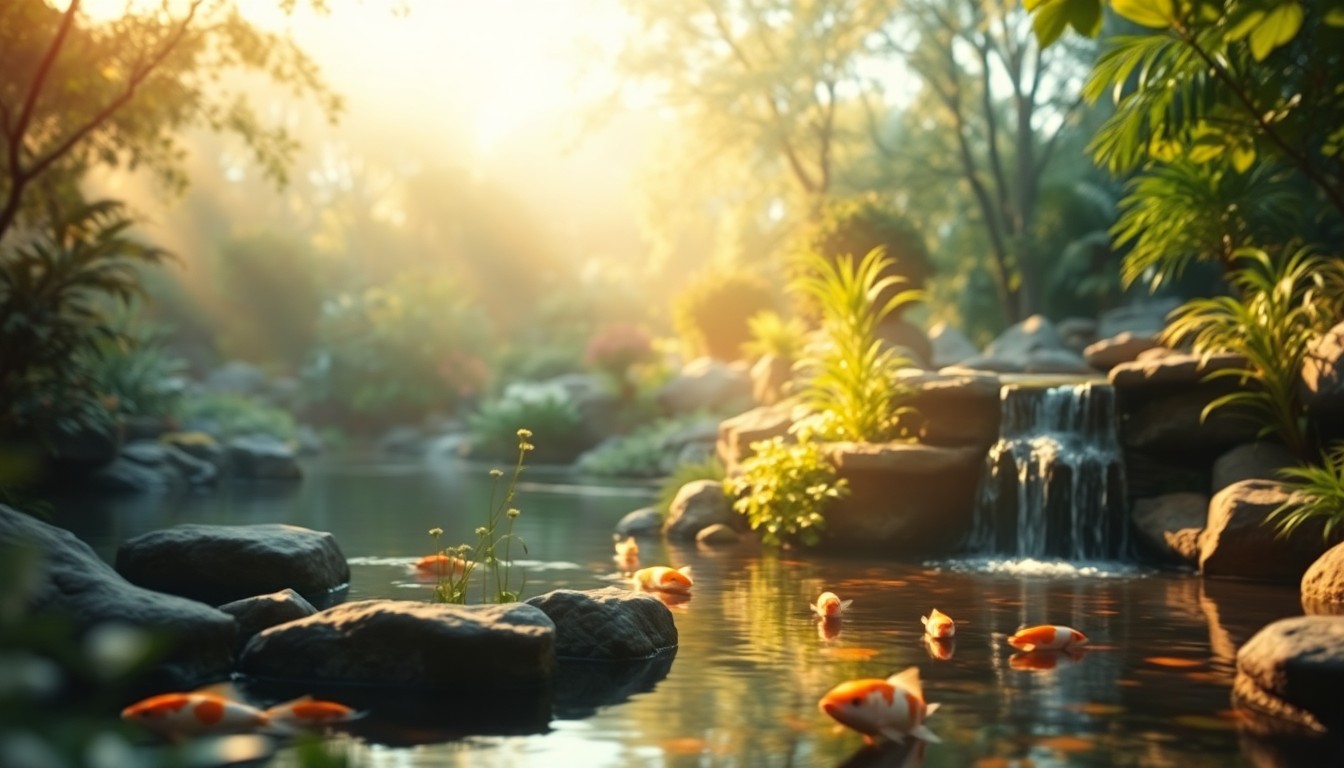 An extremely abstracted, out-of-focus photograph of a serene outdoor scene with a koi pond, cascading waterfall, and lush greenery, captured in soft pools of warm color and light, conceptually representing the home's peaceful natural setting.