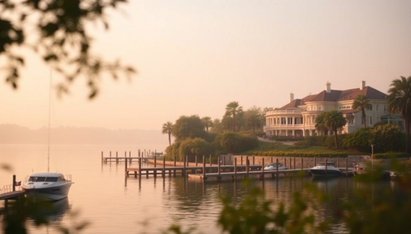 An extremely abstracted, out-of-focus photograph in soft, warm tones depicting a serene riverfront scene with a boat dock, lush greenery, and the faint outline of a luxury home in the background, conceptually representing the peaceful, waterfront lifestyle of the Renaissance Boat Club community.