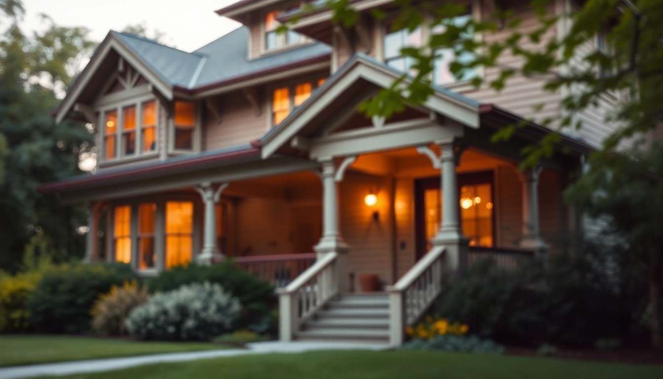 An extremely abstracted, out-of-focus photograph of a Craftsman-style home's exterior, with warm, soft pools of light and color highlighting the architectural details and surrounding greenery.