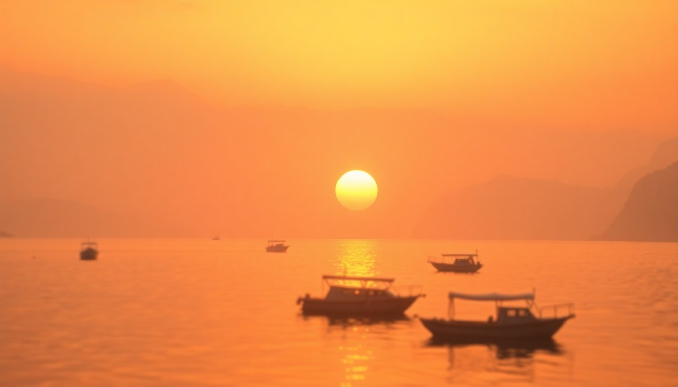 An extremely abstracted, out-of-focus photograph shot through condensation or rain-streaked glass, composed of soft, warm pools of light and color depicting a tranquil waterfront scene with boats, mountains, and a glowing sunset.