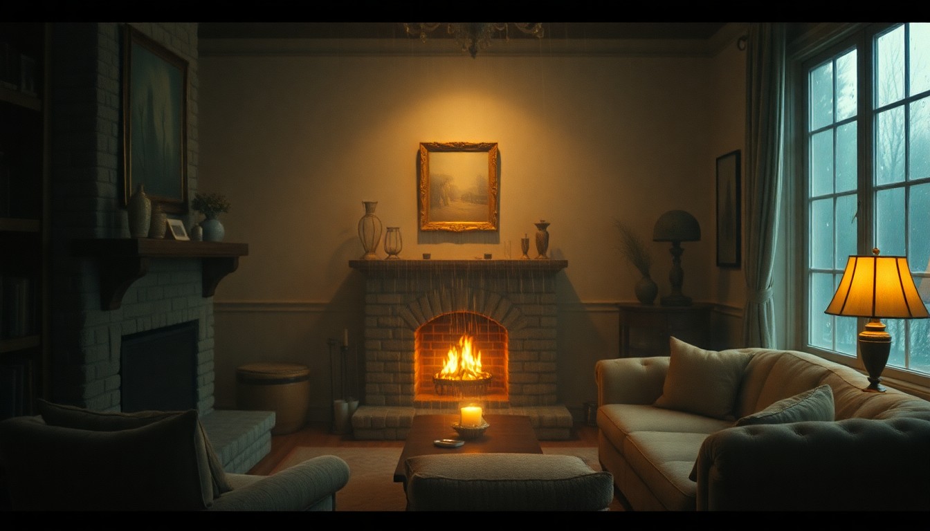 A blurred, impressionistic photograph of a cozy living room with a stone fireplace, plush furniture, and warm lighting, captured through a rain-streaked window in a soft, hazy style that evokes a sense of comfort and relaxation.